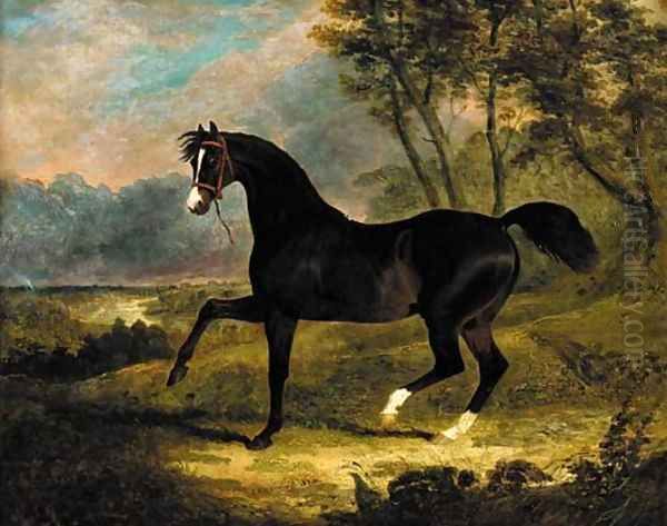 Camel, a dark bay racehorse in a landscape Oil Painting by John Frederick Herring Snr