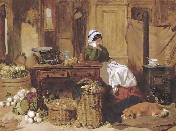 Jennie asleep at a kitchen table, surrounded by fruit and vegetables, with two dogs and a cat in front of the stove at her feet Oil Painting by John Frederick Herring Snr