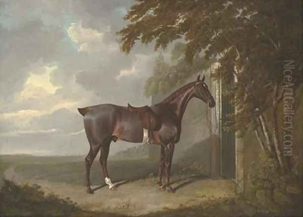 Mr. H.M. Greaves's liver chestnut hunter, tethered to a gate at Page Hall, Yorkshire Oil Painting by John Frederick Herring Snr