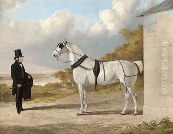 Portrait of James Hartley with a grey carriage horse, in an extensive river landscape Oil Painting by John Frederick Herring Snr