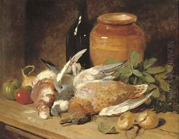 Still life of dead birds, fruit, vegetables, a bottle and a jar Oil Painting by John Frederick Herring Snr