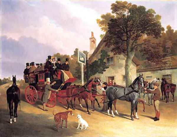 The London-to-Leeds stage coach changing horses at the Swan Inn, Bottisham, Cambridge Oil Painting by John Frederick Herring Snr