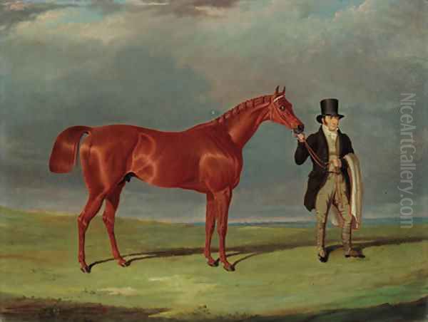 Bedlamite, a chestnut racehorse held by his trainer, in an extensive landscape Oil Painting by John Frederick Herring Snr