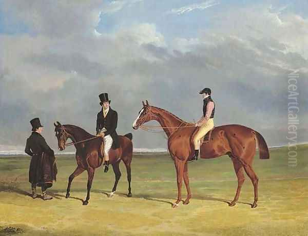 The Colonel with William Scott up and John Scott on a dark bay hack, with groom, Doncaster racecourse beyond Oil Painting by John Frederick Herring Snr