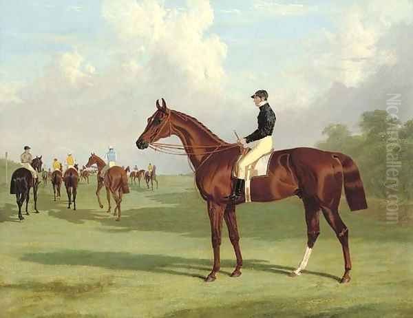 Mundig with William Scott up at the start for the 1835 Derby, jockeys and racehorses on the course beyond Oil Painting by John Frederick Herring Snr