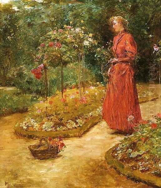 Woman Cutting Roses in a Garden Oil Painting by Childe Hassam