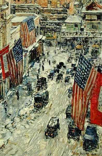 Flags on 57th Street, Winter 1918 Oil Painting by Childe Hassam