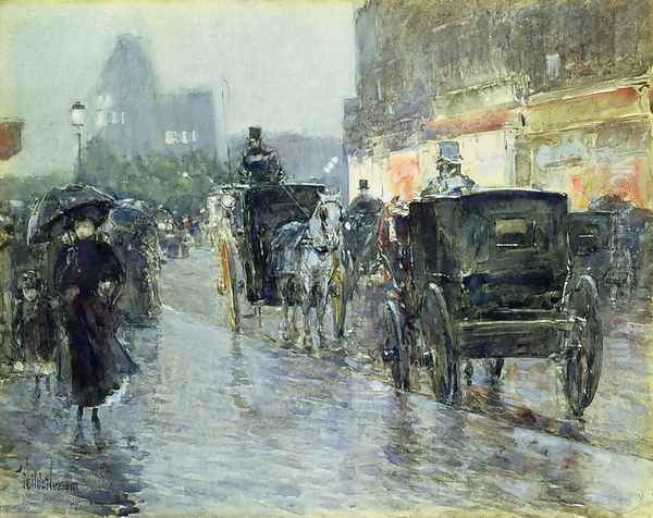 Horse Drawn Cabs at Evening, New York, c.1890 Oil Painting by Childe Hassam