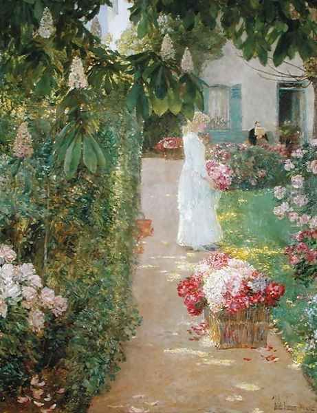 Gathering Flowers in a French Garden Oil Painting by Childe Hassam