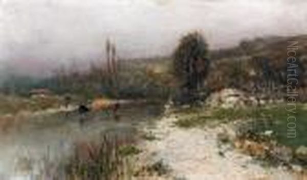 Bord De Riviere Au Troupeau Oil Painting by Adolphe Appian