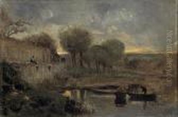 Abendliche Uferpartie Mit Anglern. Oil Painting by Adolphe Appian