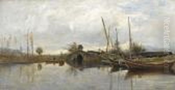 Flussuferpartie Mit Brucke Und Booten Oil Painting by Adolphe Appian