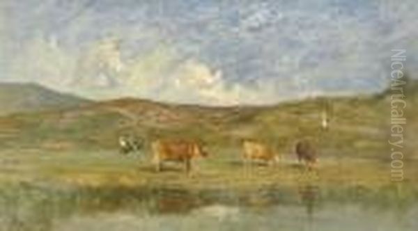 Sommerliche Landschaftspartie Mit Kuhen Bei Einem Teich. Oil Painting by Adolphe Appian