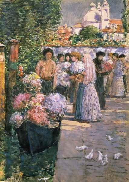 Flower Market Oil Painting by Childe Hassam