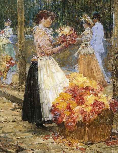 Woman Sellillng Flowers Oil Painting by Childe Hassam