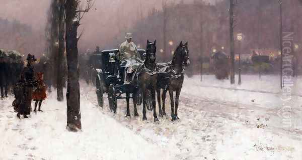 Street Scene with Hansom Cab Oil Painting by Childe Hassam