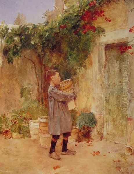 Boy with Flower Pots Oil Painting by Childe Hassam