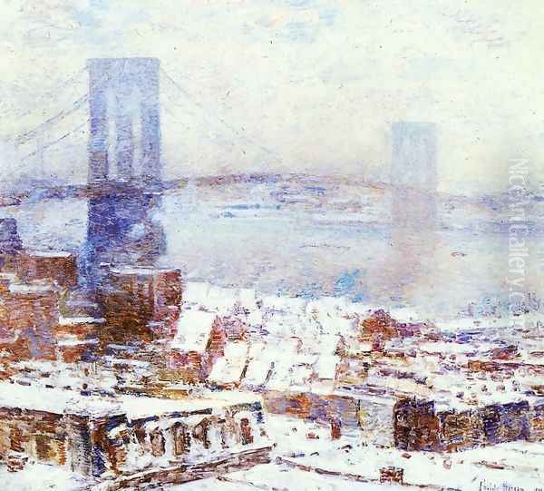 Brooklyn Bridge in Winter Oil Painting by Childe Hassam