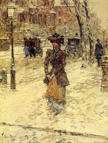 Lady Walking down Fifth Avenue Oil Painting by Childe Hassam