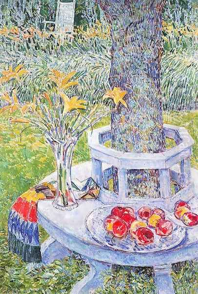 Flowers and fruit under the tree Oil Painting by Childe Hassam