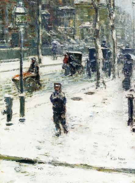 Snow Storm, Fifth Avenue, New York Oil Painting by Childe Hassam