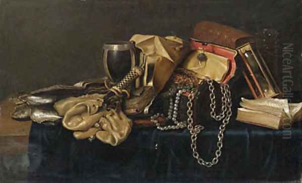 Oysters, books, money pouches, a knife hilt, a pewter mounted cup Oil Painting by Willem Claesz. Heda