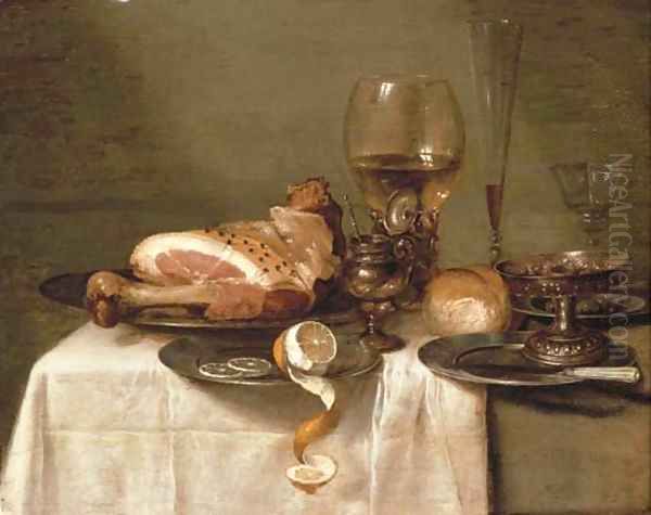 A ham on a pewter plate Oil Painting by Willem Claesz. Heda