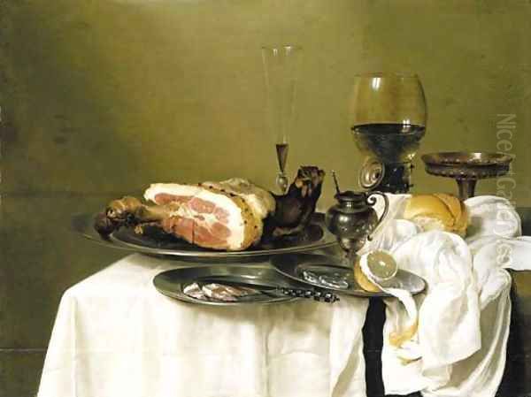 A hock of ham, a knife with slices of ham and a peeled lemon on pewter dishes Oil Painting by Willem Claesz. Heda