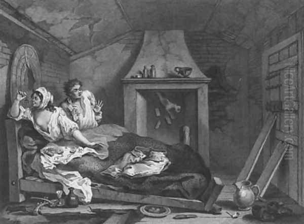 Idle 'Prentice Returned from Sea and in a Garrett with a Common Prostitute Oil Painting by William Hogarth