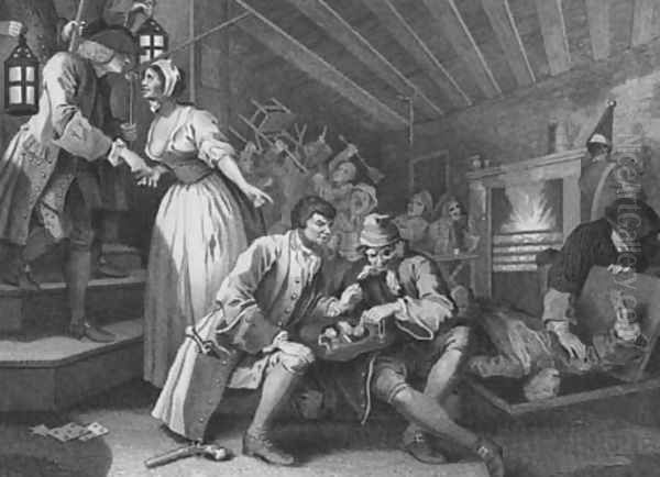 Idle 'Prentice Betray'd by his whore, and Taken in a Night Cellar with his Accomplice Oil Painting by William Hogarth