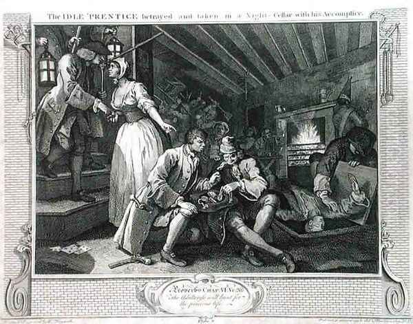 The Idle Prentice Betrayed by a Prostitute plate IX of Industry and Idleness Oil Painting by William Hogarth