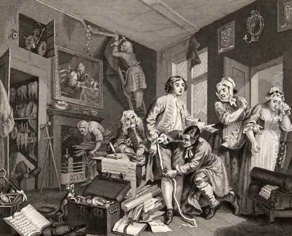 The Young Heir Takes Possession of the Misers Effects plate I from A Rakes Progress Oil Painting by William Hogarth