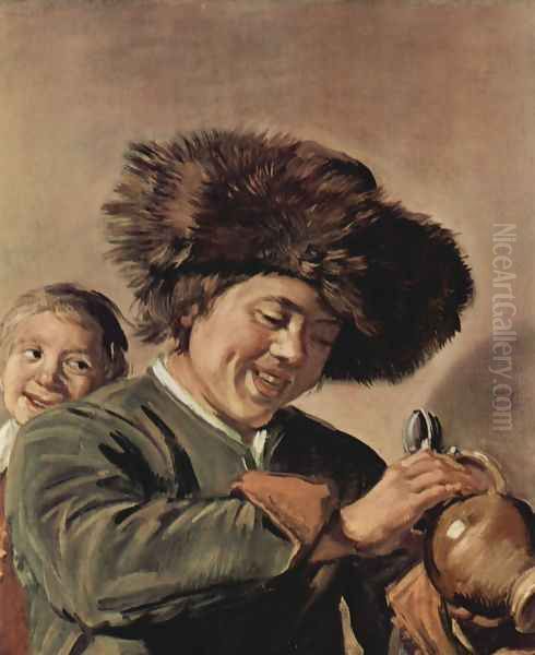 Two smiling young men, with a beer mug Oil Painting by Frans Hals