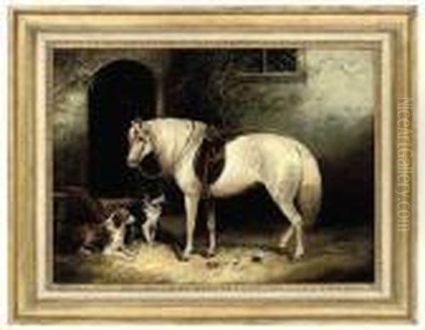 A Pony, Two Spaniels And Pigeons Outside A Stable Oil Painting by George Armfield