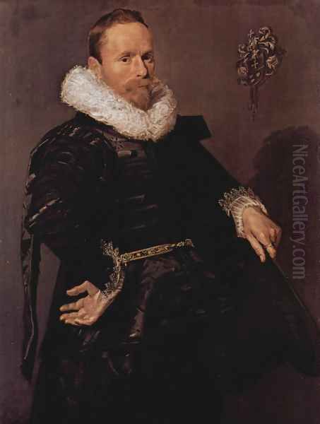 Portrait of a man with pleated collar, with a hat in the left hand Oil Painting by Frans Hals