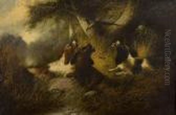 Three Spaniels Putting Up A Pheasant Oil Painting by George Armfield