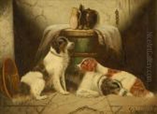 Gundogs In A Barn Oil Painting by George Armfield