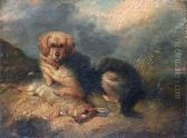 A Terrier Seated With Rabbit Oil Painting by George Armfield