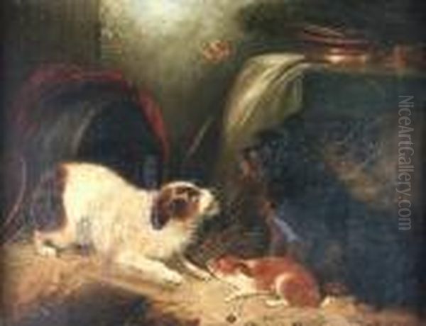 Terriers In A Barn Oil Painting by George Armfield