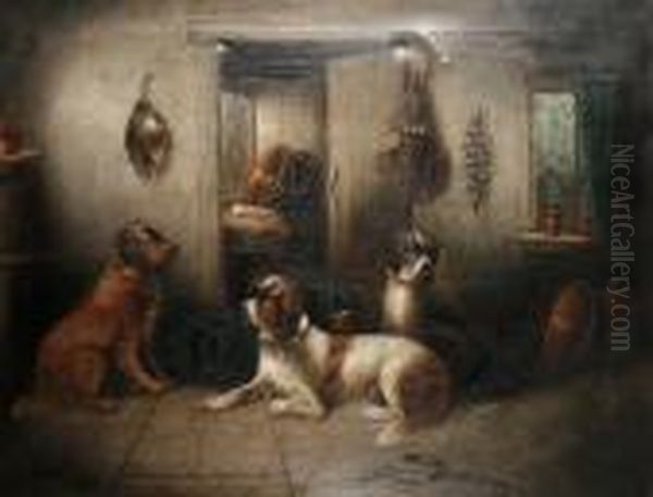 Dogs In An Interior Oil Painting by George Armfield