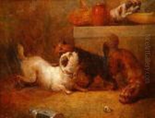 Three Dogsfighting And A Further Dog On A Marble Ledge In An Interior Oil Painting by George Armfield