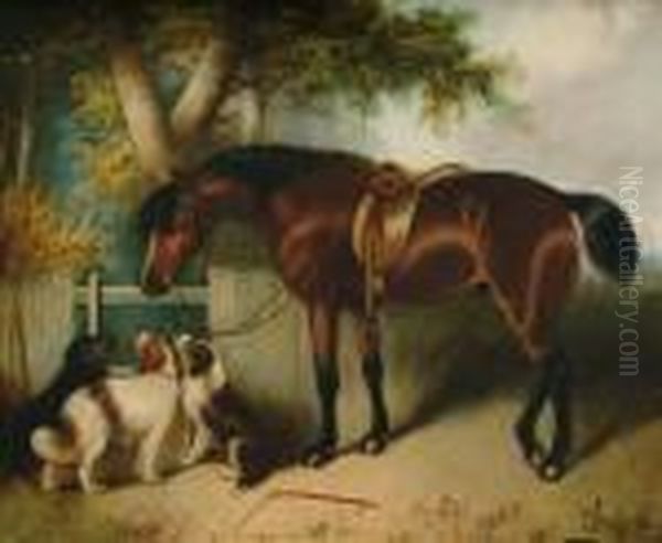 A Horse And Threedogs Beneath A Tree Oil Painting by George Armfield