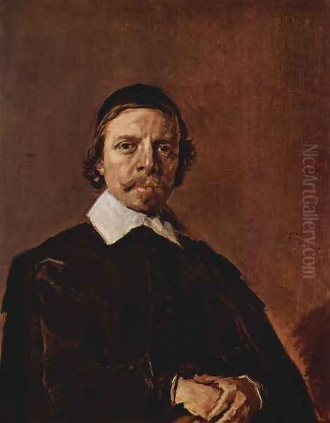 Portrait of a man with Scheitelkäppchen, pointed collar and entangled hands Oil Painting by Frans Hals