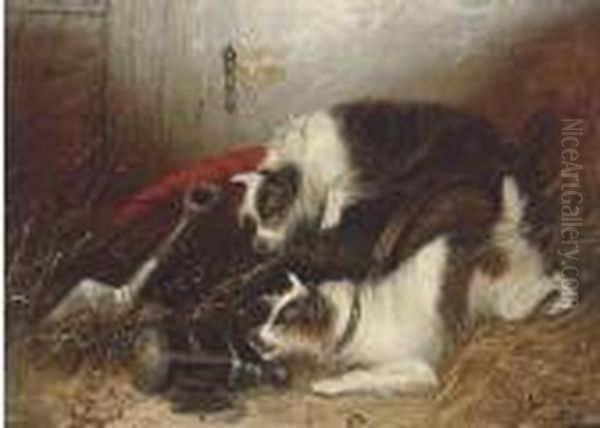 Terriers In A Barn; And Terriers Ratting Oil Painting by George Armfield