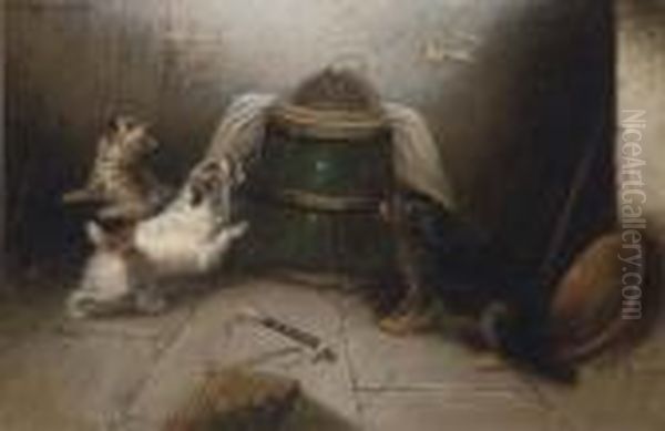 Terriers At A Rabbit Hole; And Terriers Ratting In A Barn Oil Painting by George Armfield