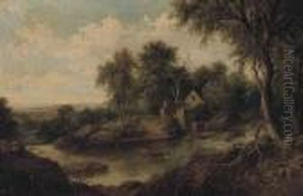 Figures In A River Landscape Oil Painting by George Armfield