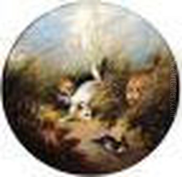 Attributed To , Gun Dogs, 
Falsely Signed And Dated, Oil On Canvas, Painted Oval, Diameter 28.5 
Cm.; 11 1/4 In Oil Painting by George Armfield