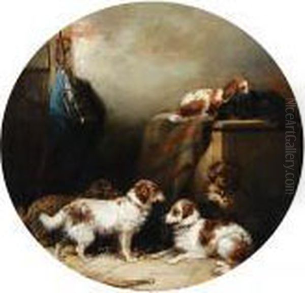 Dogs In A Stable Interior Oil Painting by George Armfield