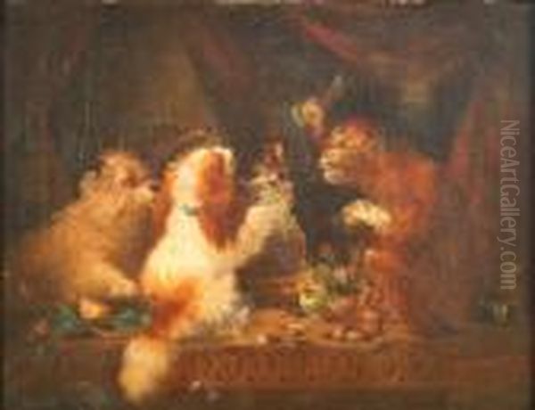 Study Of Dogs Anda Monkey On A Table Top Beside A Decanter And Fruit Oil Painting by George Armfield