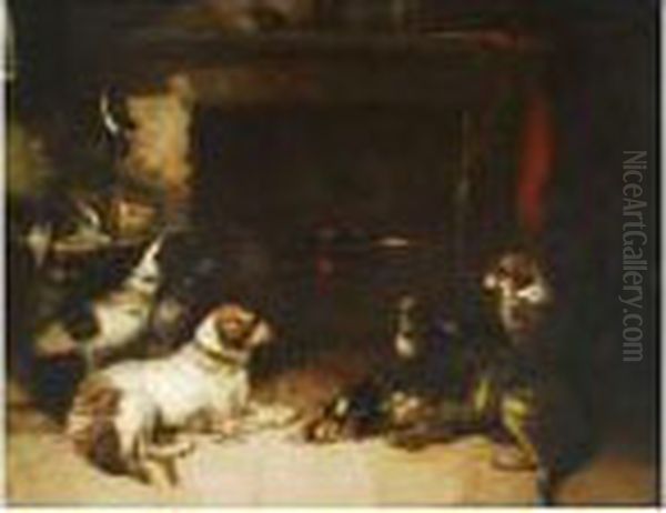 Spaniels Y Otros Perros Junto A Una Chimenea Oil Painting by George Armfield